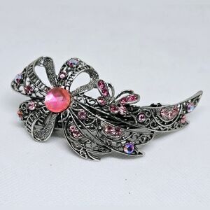 Vintage Silver & Pink Jeweled Hair Barrette – Victorian Style Accessory